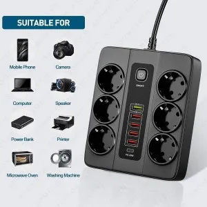 Разклонител с 6 гнезда 3.4А 4 USB Порта и 1 Type-c 3000W